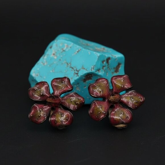 Chico's Red Floral Clip On Earrings - Picture 1 of 7